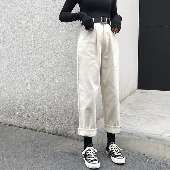 White straight cut pants with black top