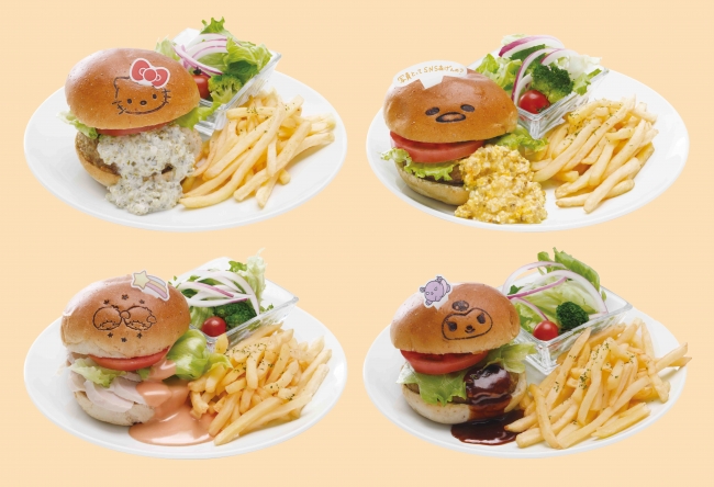 Hello Kitty, Gudetama, Little Twin Stars, Kuromi burgers in SANRIO CAFE Ikebukuro