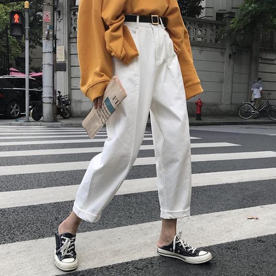 White straight cut pants with sweater