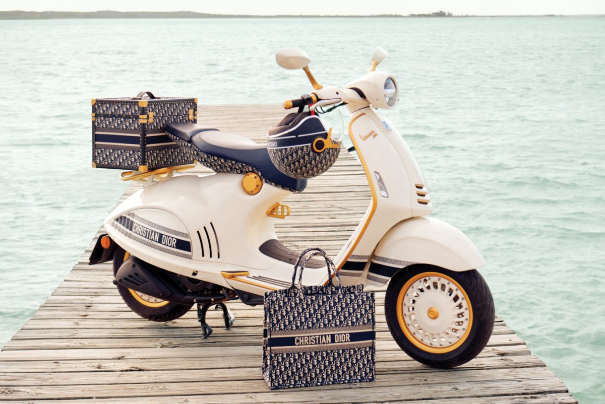 Dior x Vespa scooter and accessories