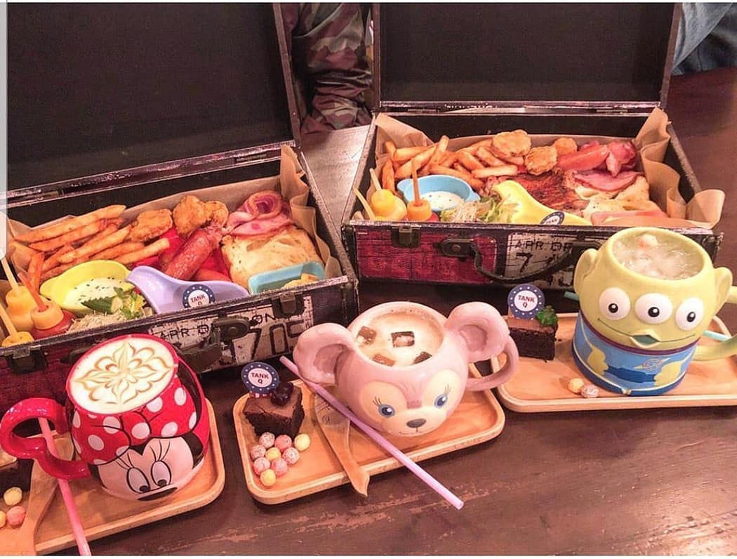 food and Disney character mugs at TankQ Cafe & Bar