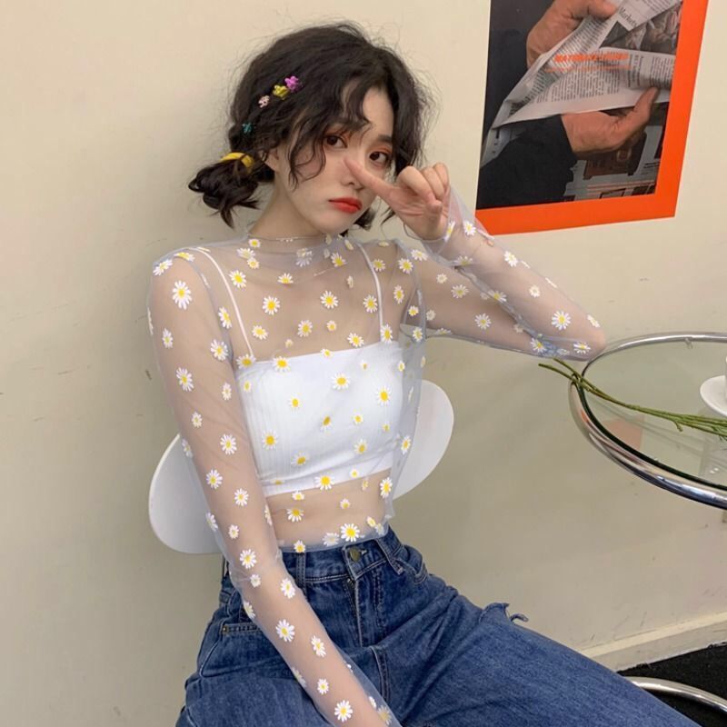 asian girl wearing white Mesh daisies long-sleeved top with flowers