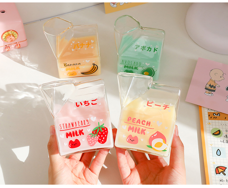 small strawberry, banana, peach avocado milk carton-shaped glass cup