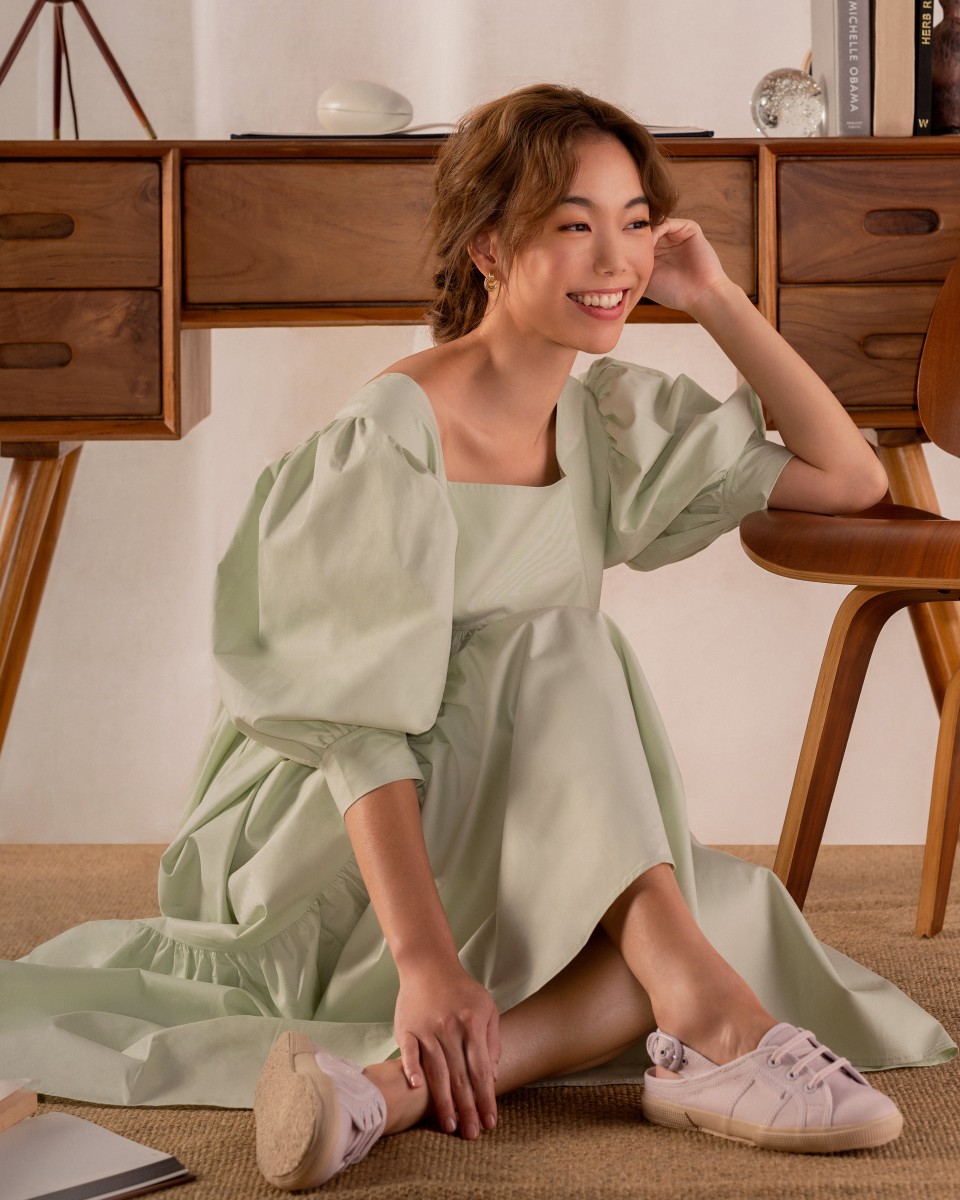 Drea Chong wearing lavender mist slingback