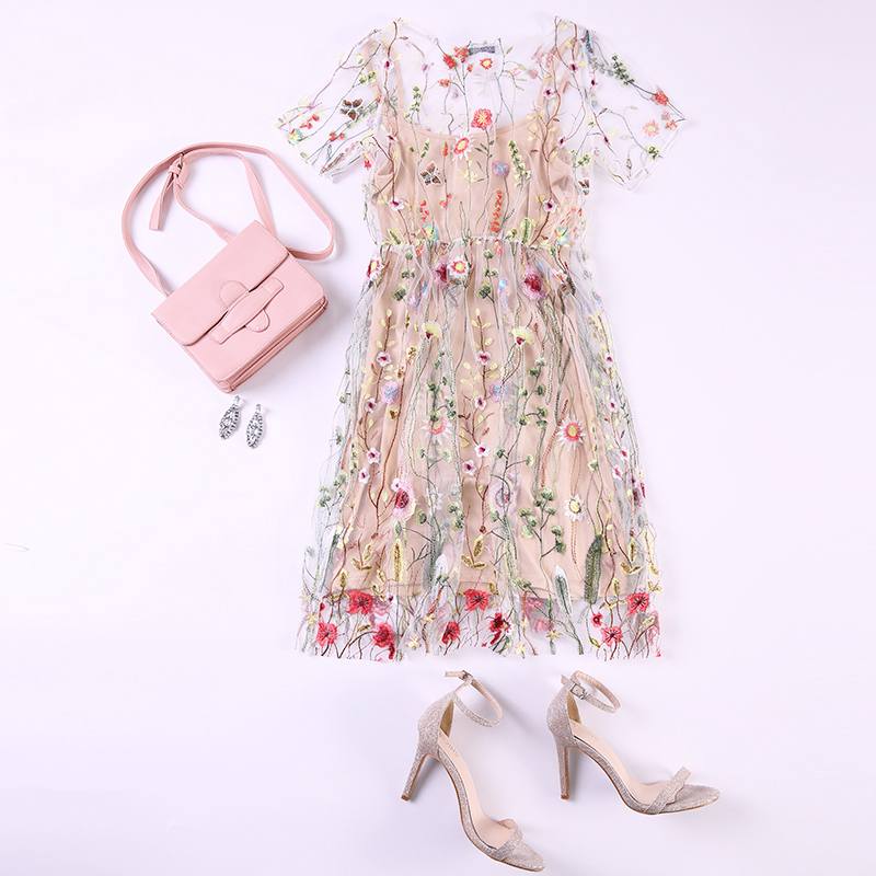 Mesh floral short-sleeved midi dress with pink bag and nude heels