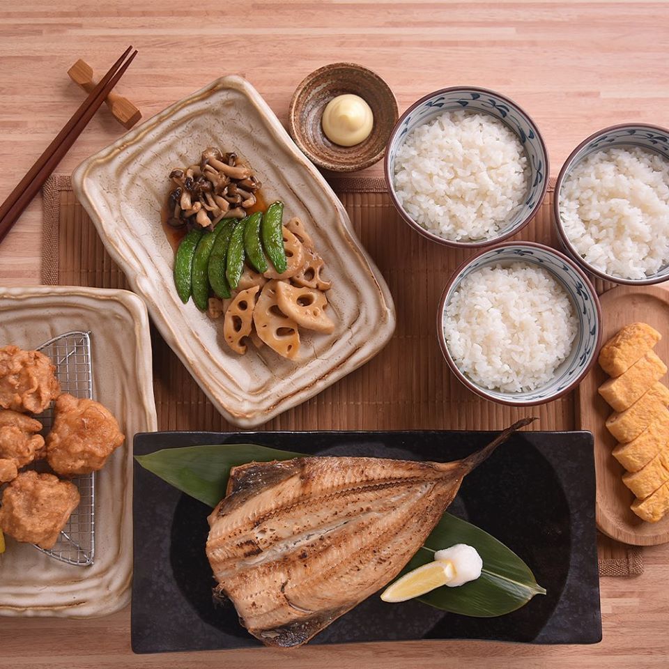 meal with fish and rice at Yayoi