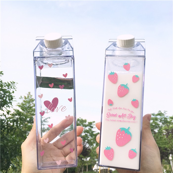 Heart & strawberry print milk carton water bottle