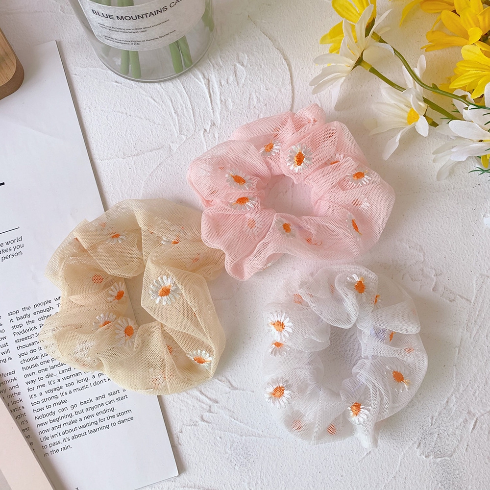 Mesh floral hair tie in pink yellow and white