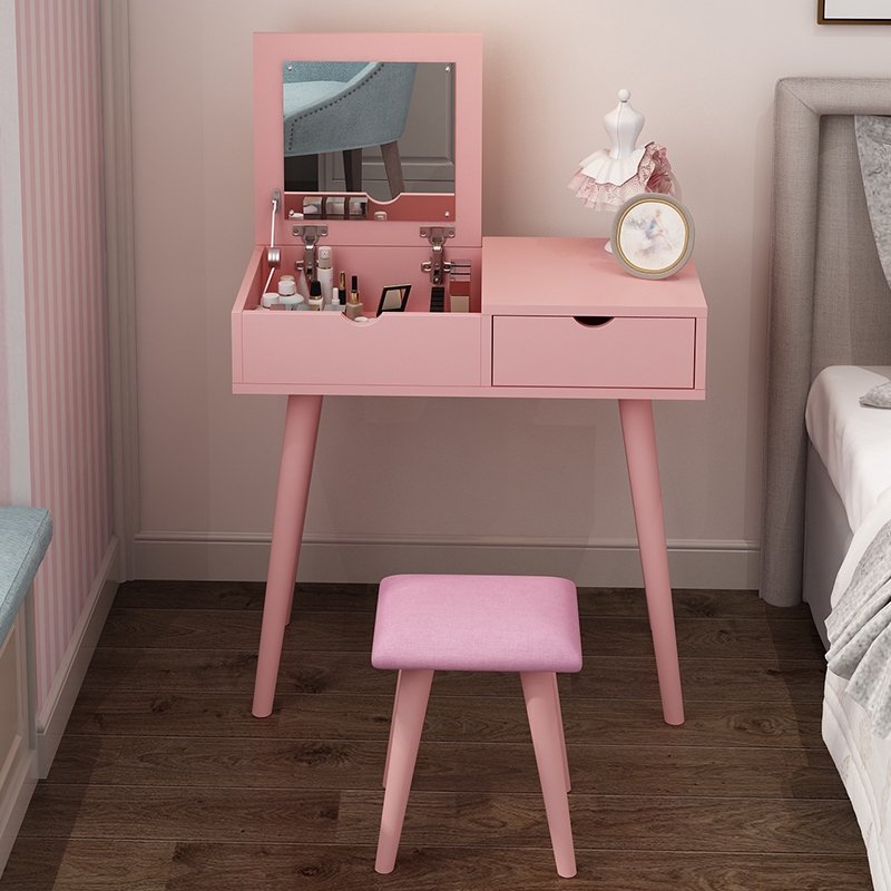 Pink vanity bedside table with mirror
