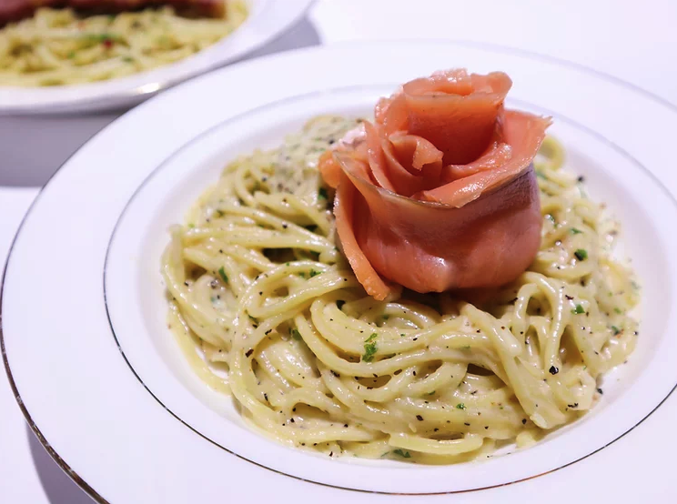 rose smoked salmon pasta at Wild Blooms cafe