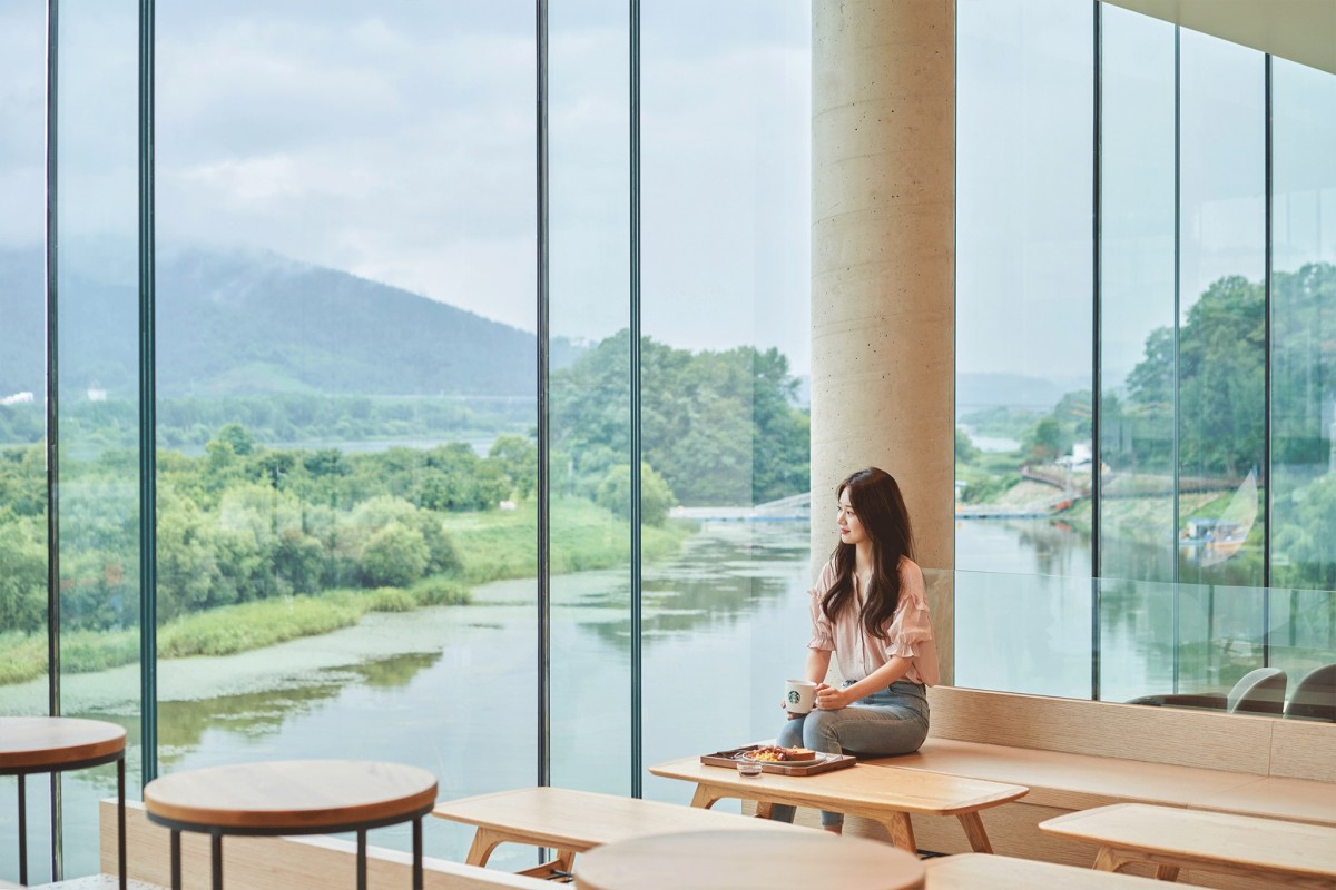 Girl sitting near Starbucks Yangpyeong windows