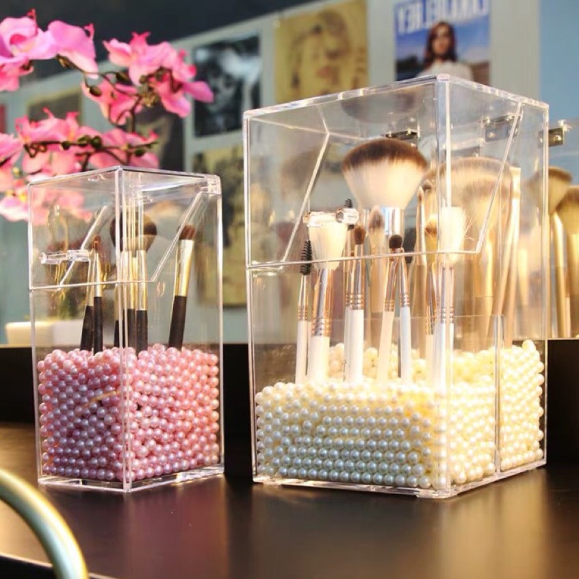 Acrylic makeup brush holder with pearls