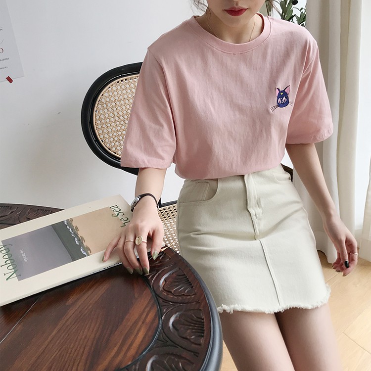 pink Sailor Moon Luna t-shirt and white skirt