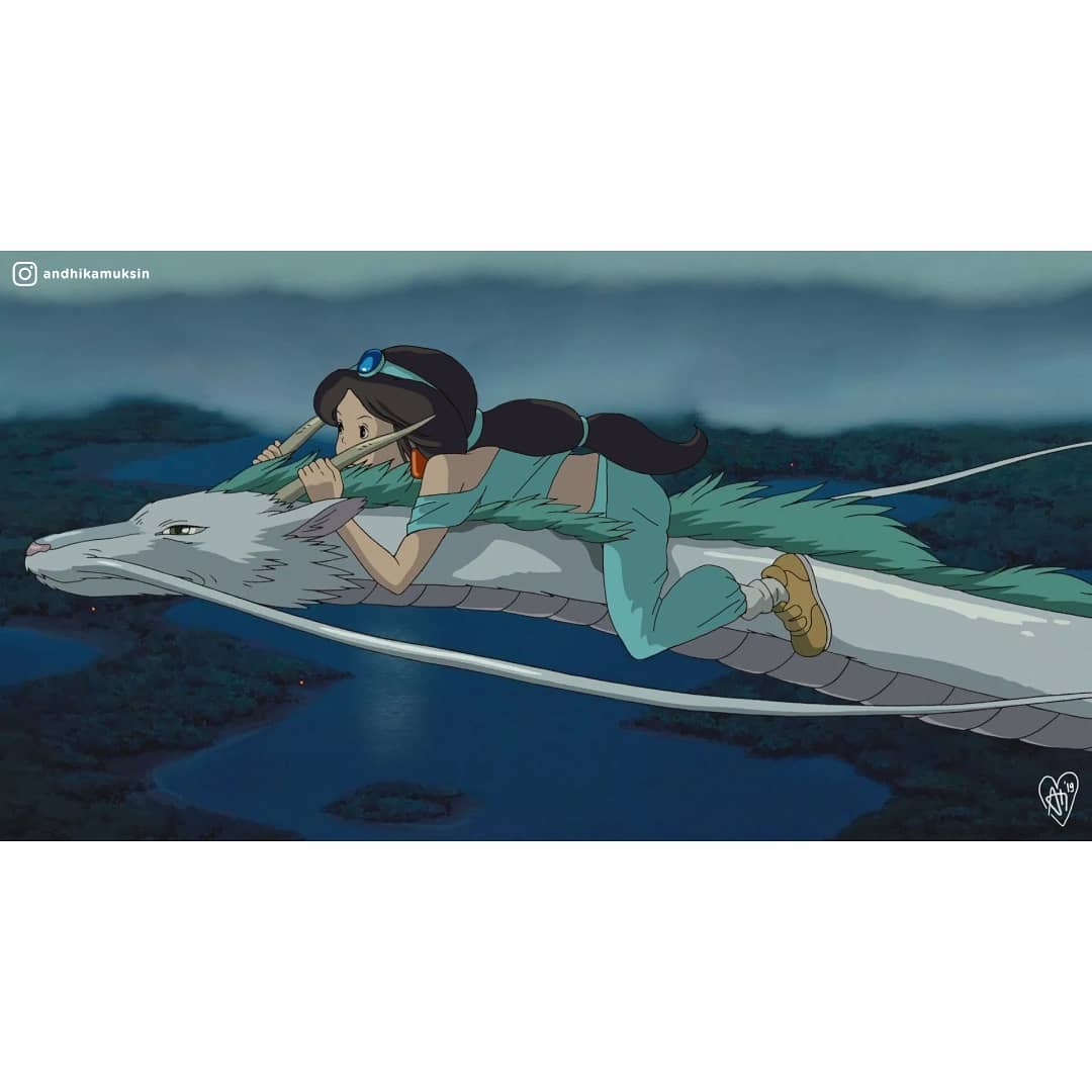 Aladdin X Spirited Away princess jasmine on dragon illustration