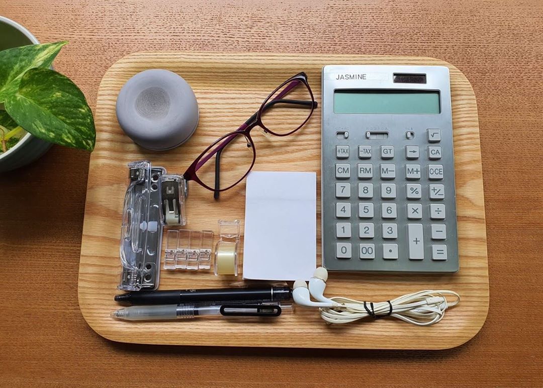 Muji Wooden Tray with glasses, pens and calculator