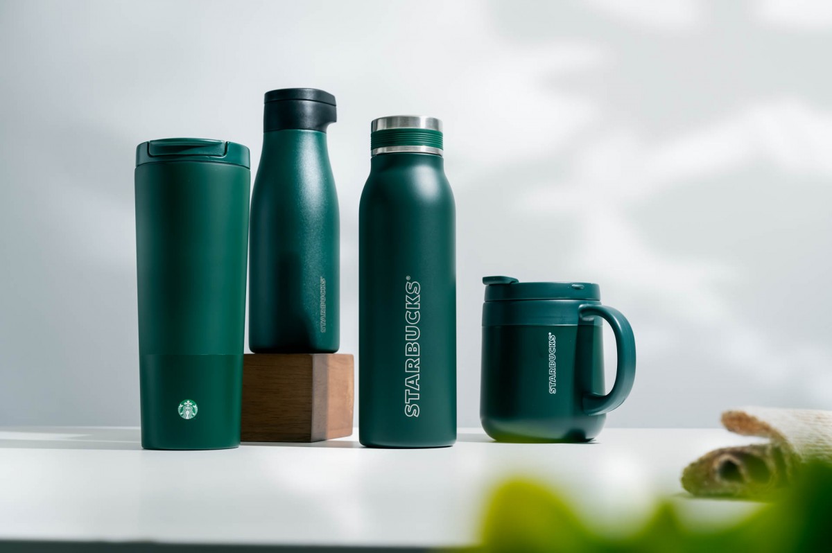 Starbucks Matte Green bottles, cup and tumblers