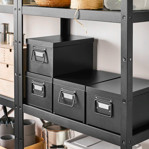 shelf with IKEA MANICK black Boxes with lid