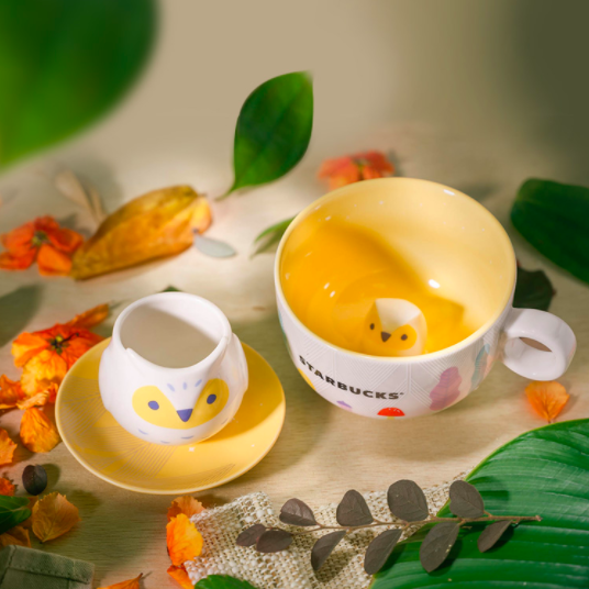 Starbucks Singapore bunnies & moonlight yellow owl mug and saucer