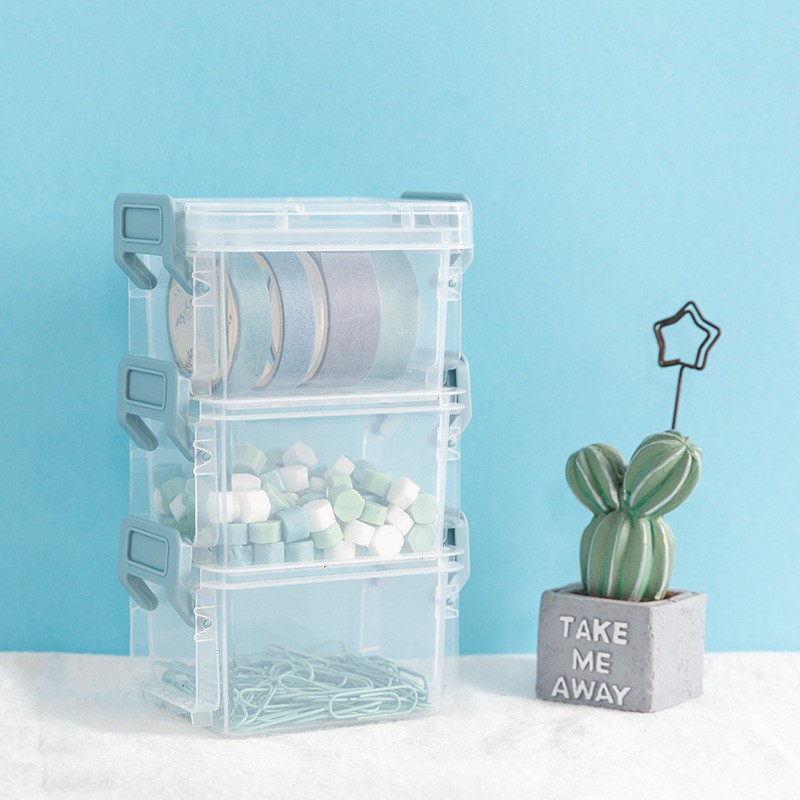 Magic buckle transparent stacking box with blue handles