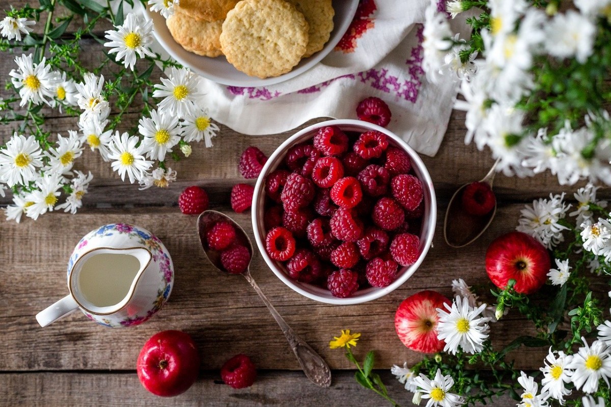 rasberries in bowl with scones