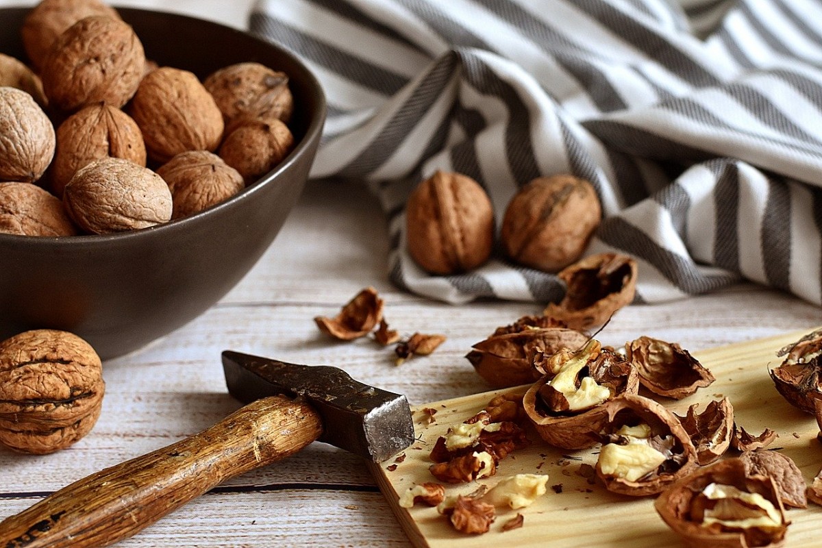 bowl of walnuts and cracked walnuts with hammer