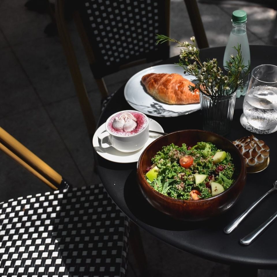 salad, coffee and croissant