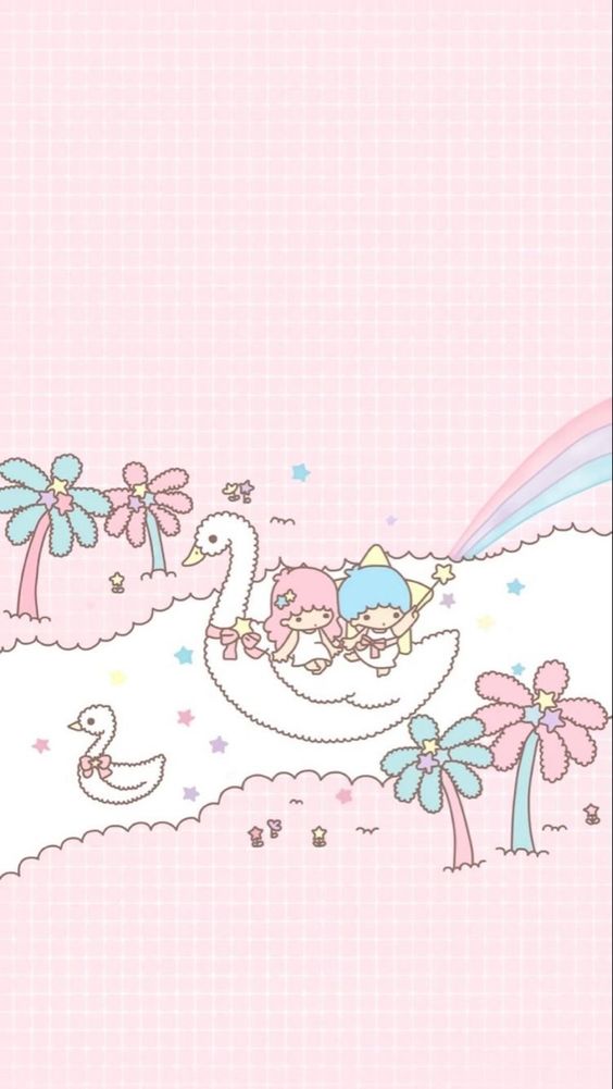 pink little twin stars riding swan on lake phone wallpaper