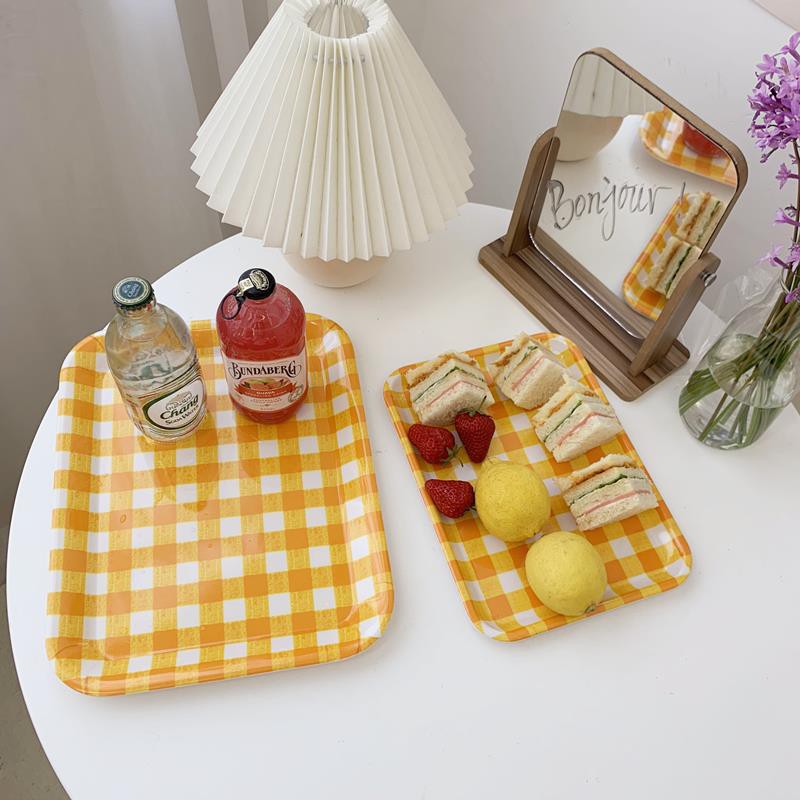 vintage korean cafe-style yellow checkered trays