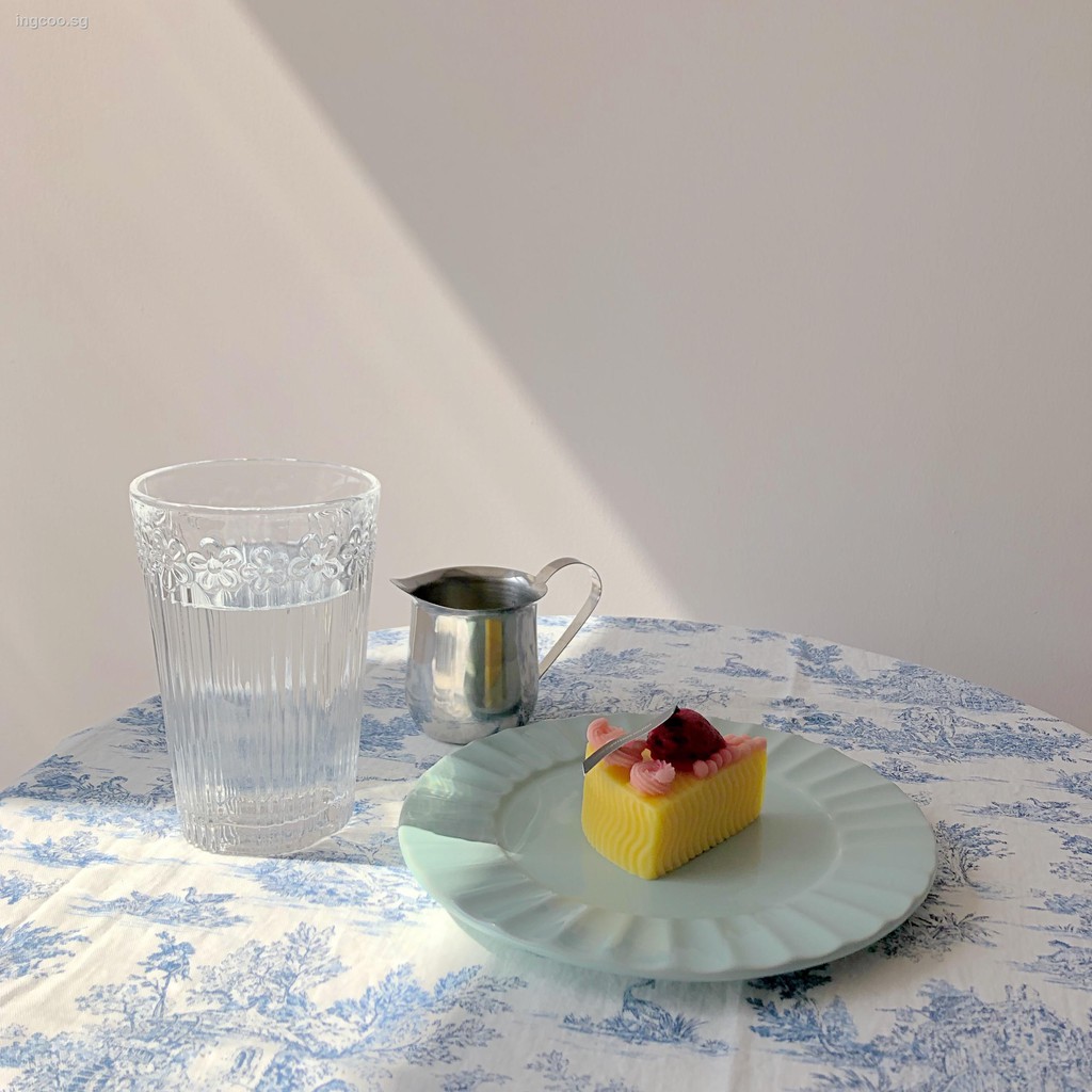 vintage korean cafe-style blue plate and water jug