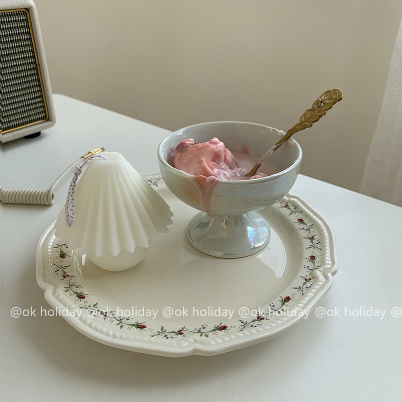 ice cream cup on vintage korean cafe-style minimalist floral plate