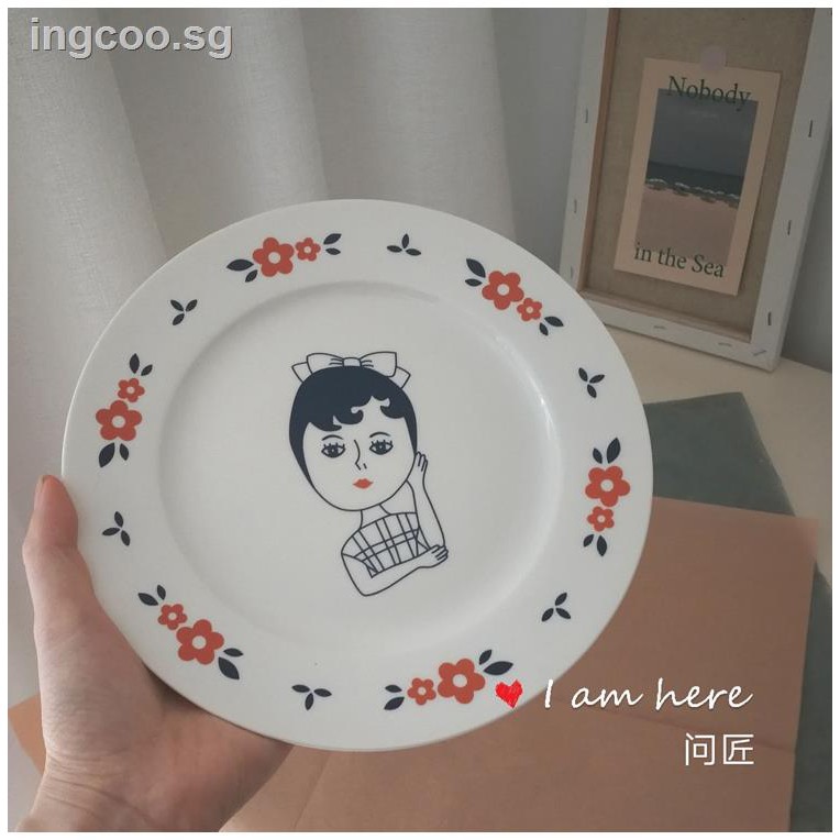 vintage korean cafe-style retro plate with red flowers
