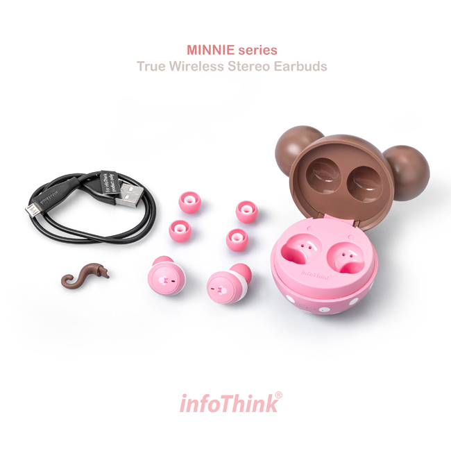 earbuds and cables with InfoThink Disney Series True Wireless Bluetooth Earphones - Minnie Mouse Strawberry Chocolate Edition