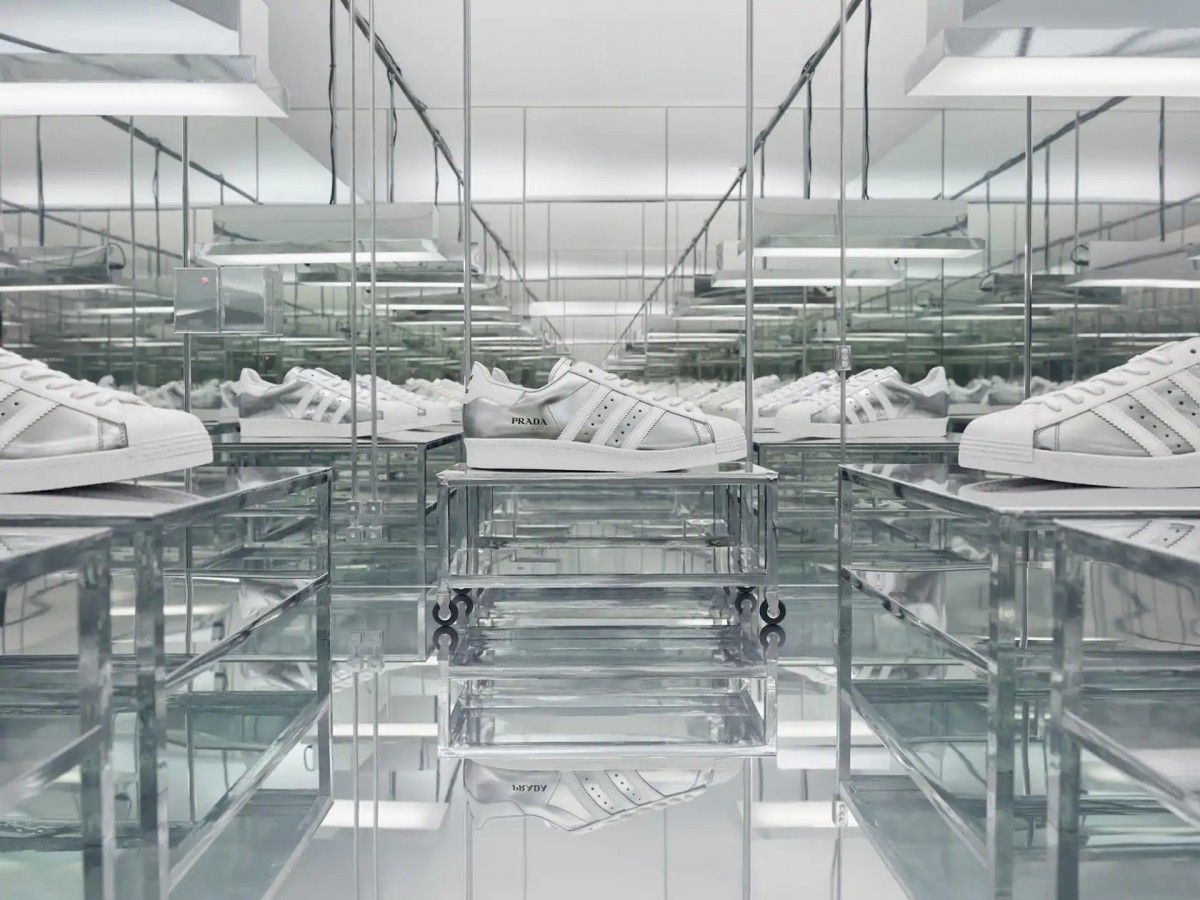 Prada x adidas chromed silver and white shoes