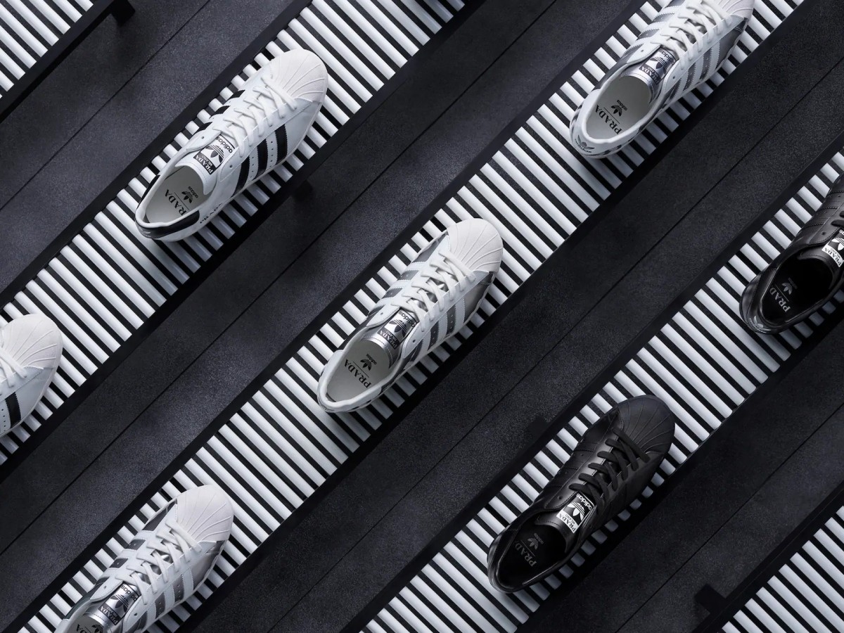 Prada x adidas product shot of three shoes