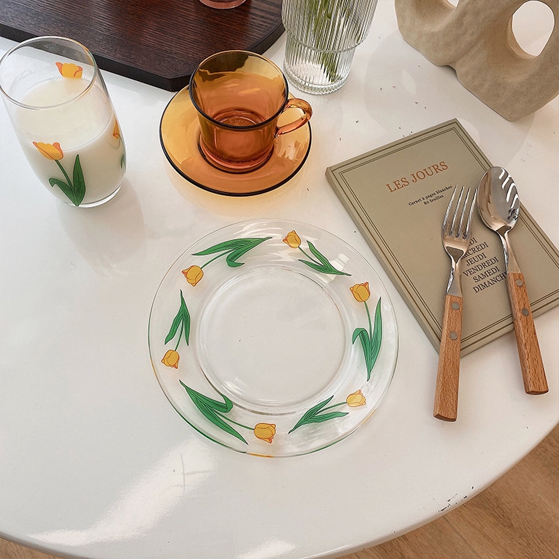 vintage korean cafe-style glass plate with tulips