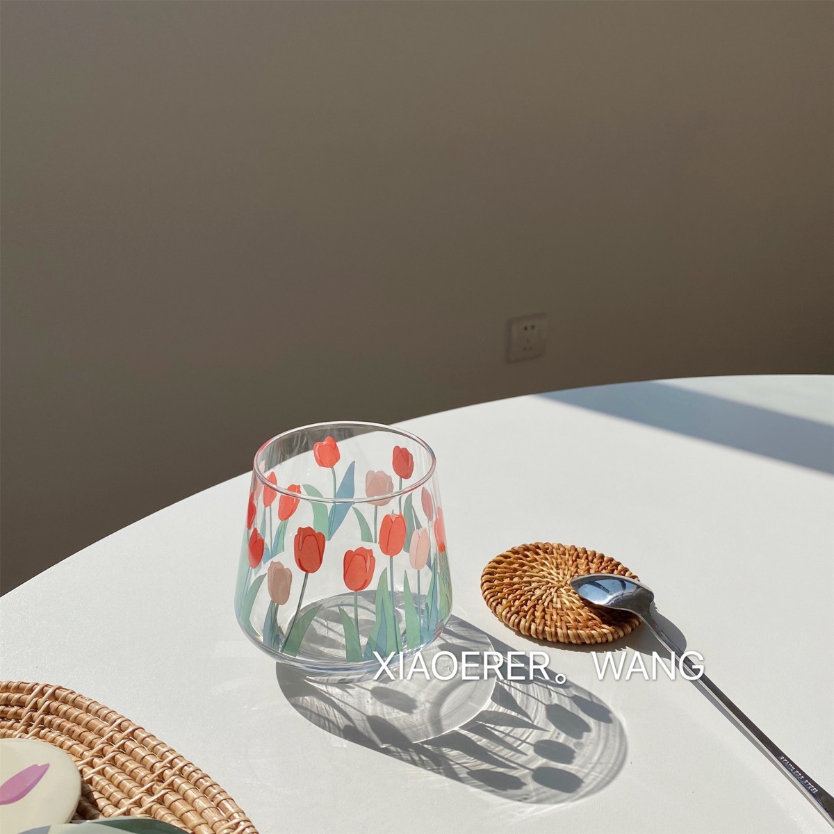 vintage korean cafe-style glass red tulip cup