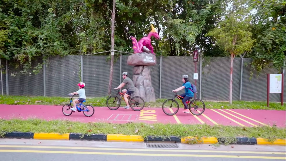 Changi Airport Connector cycling path with dinosaurs