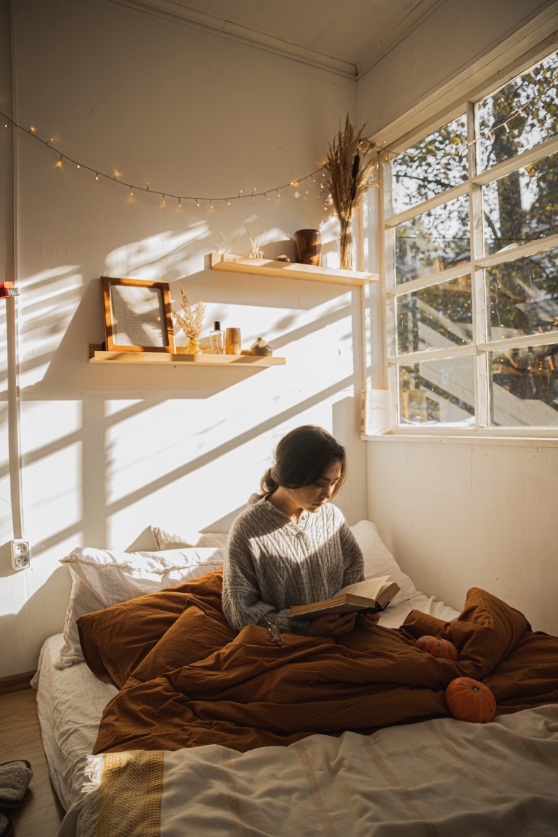 Natural light streaming into minimalist bedroom