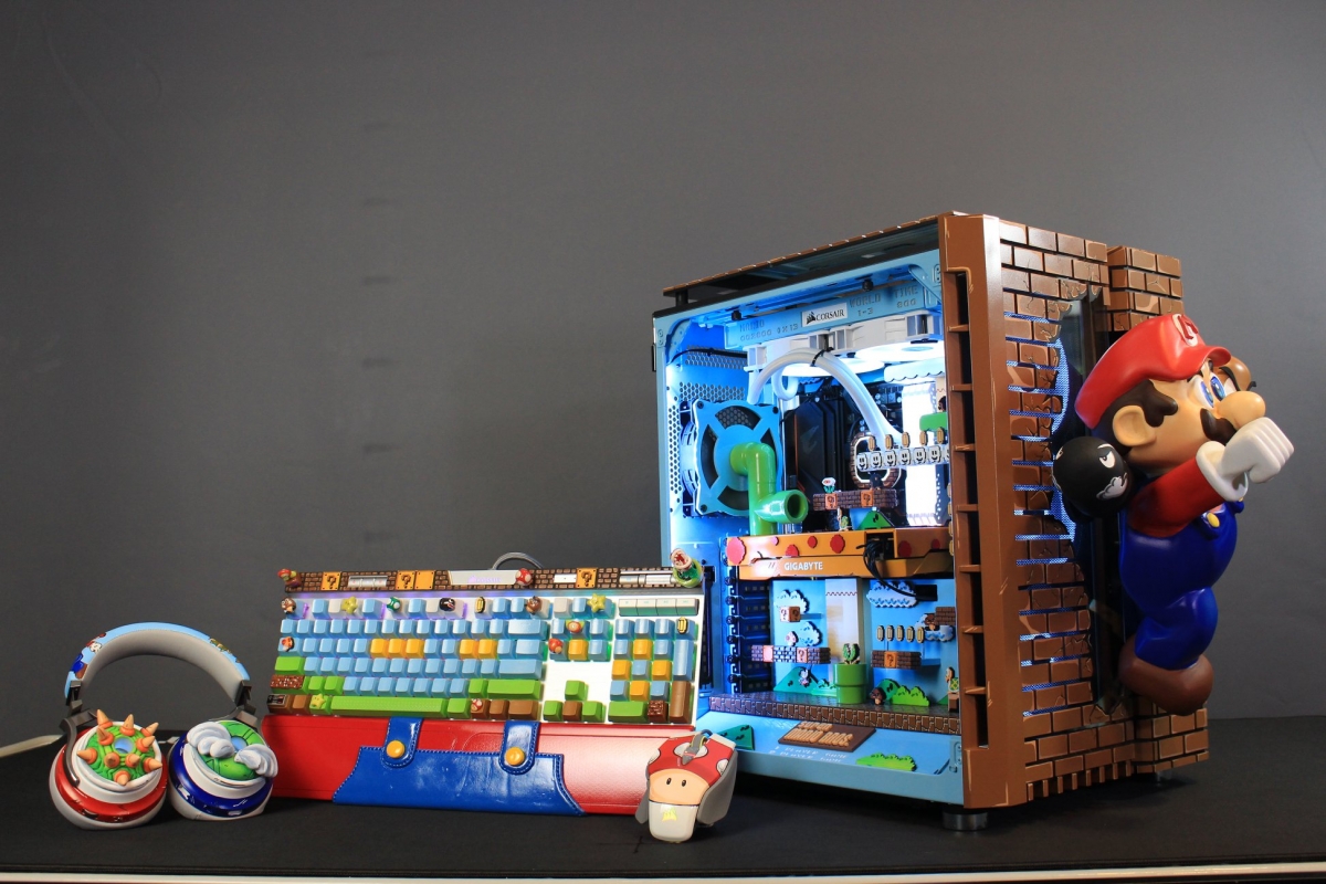 mario-themed pc, keyboard, mouse and headset