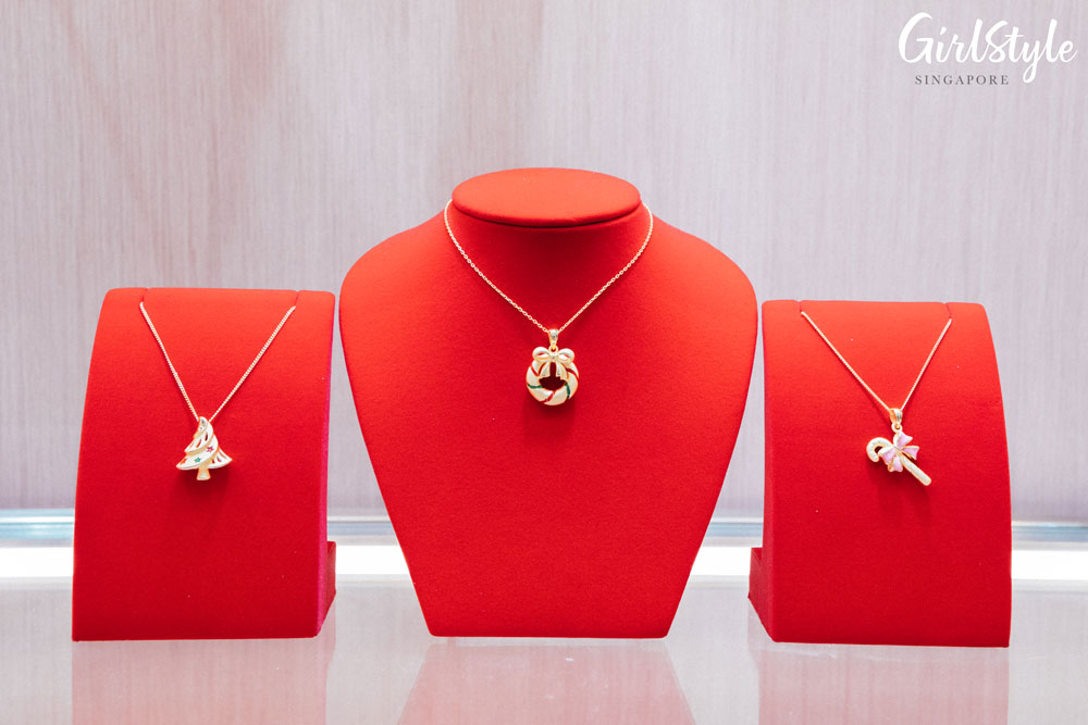 real gold christmas necklaces wreath, tree and candy cane