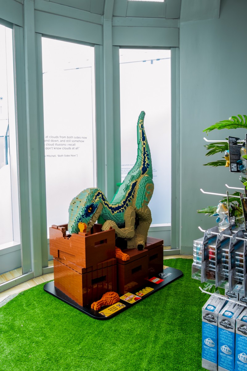 life sized blue at Jurassic World Cafe at ion sky