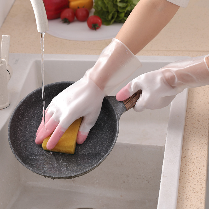 pastel pink and transparent dish washing gloves