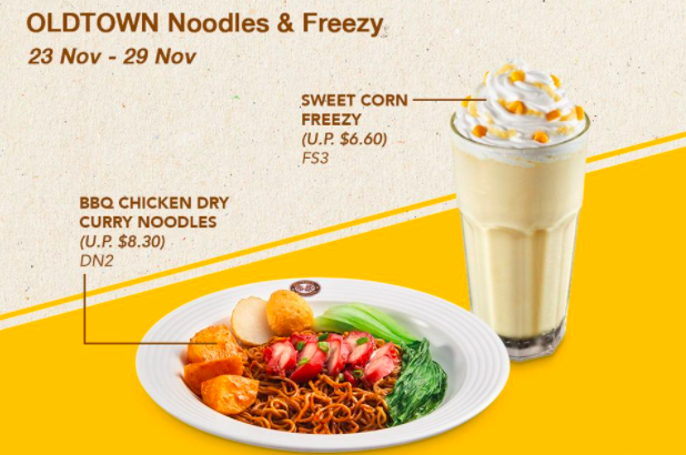 OLDTOWN White Coffee: 1-for-1 BBQ Chicken Dry Curry Noodles & Sweet Corn Freezy