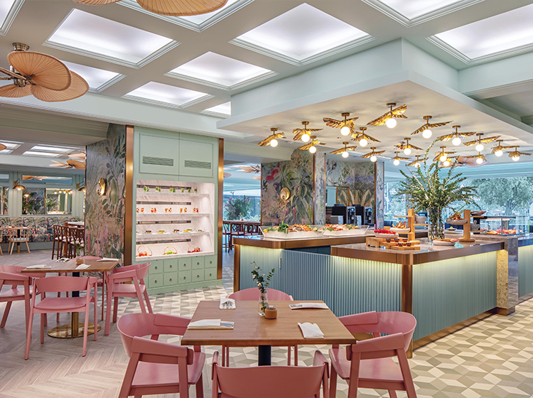 Ginger at PARKROYAL tropical botanic restaurant and pastel pink chairs