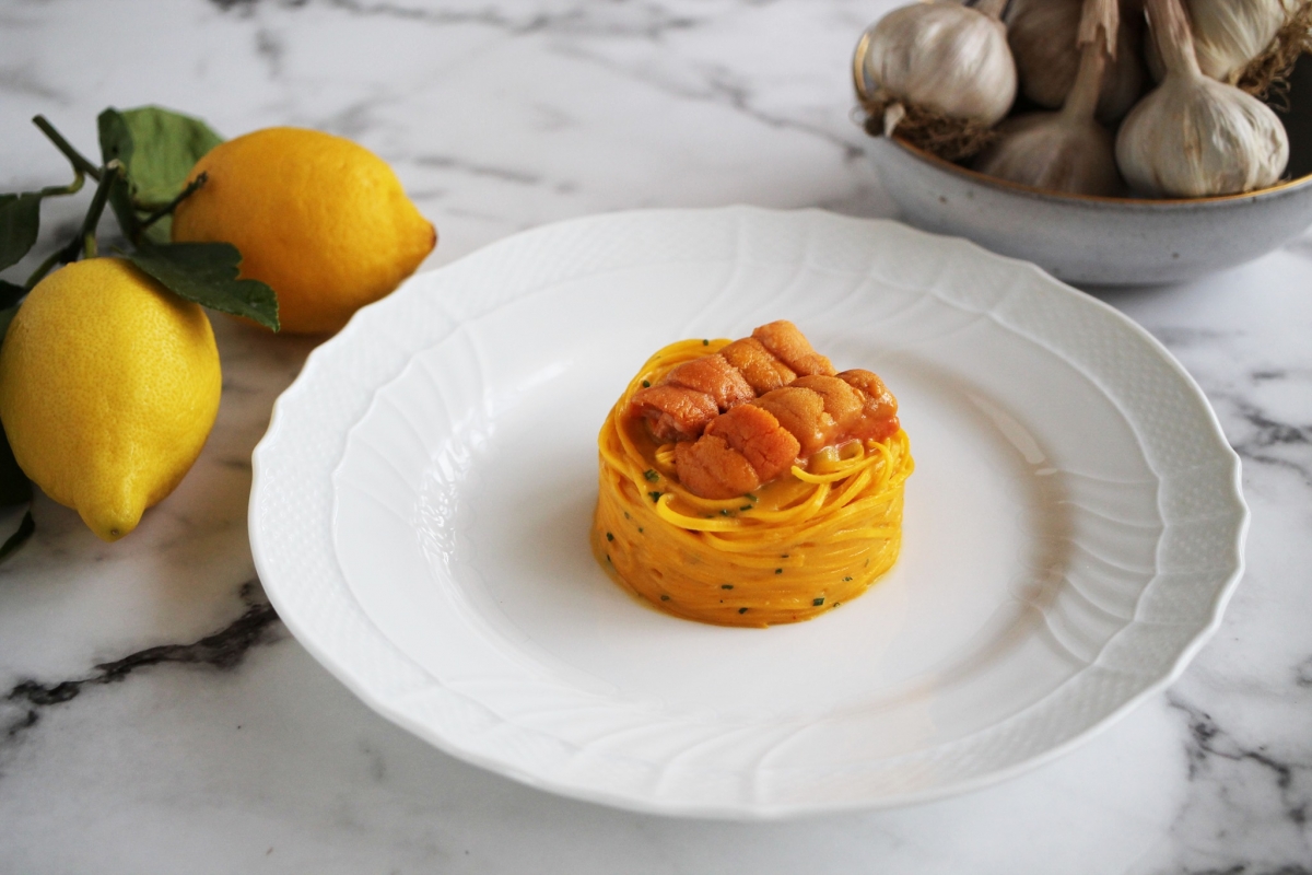 Khorasan Wheat Tagliolini, Sea Urchins and Nubia Red Garlic