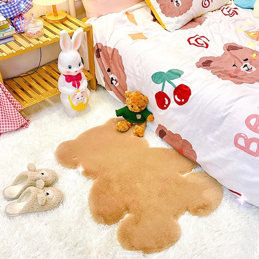 bedroom with faux fur bear shaped rug in brown