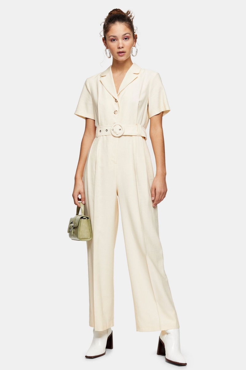 TOPSHOP Petite cream Belted Short Sleeve Jumpsuit