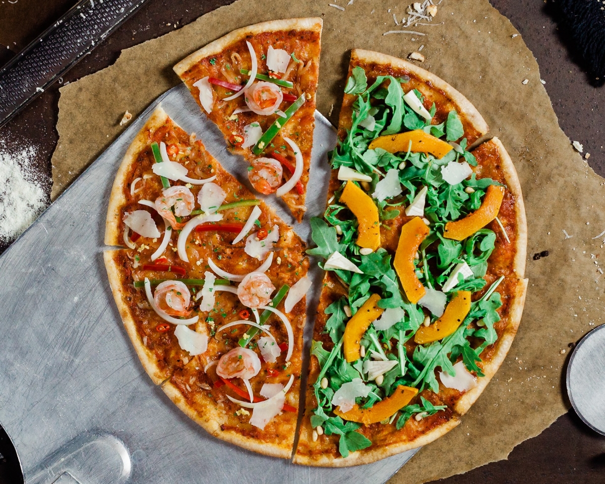 two flavours in one thin crust pizza