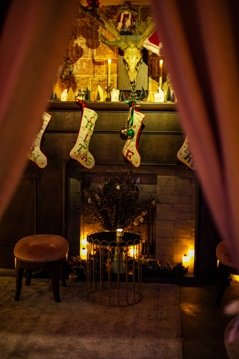 Barbary Coast Christmas decorations with fireplace