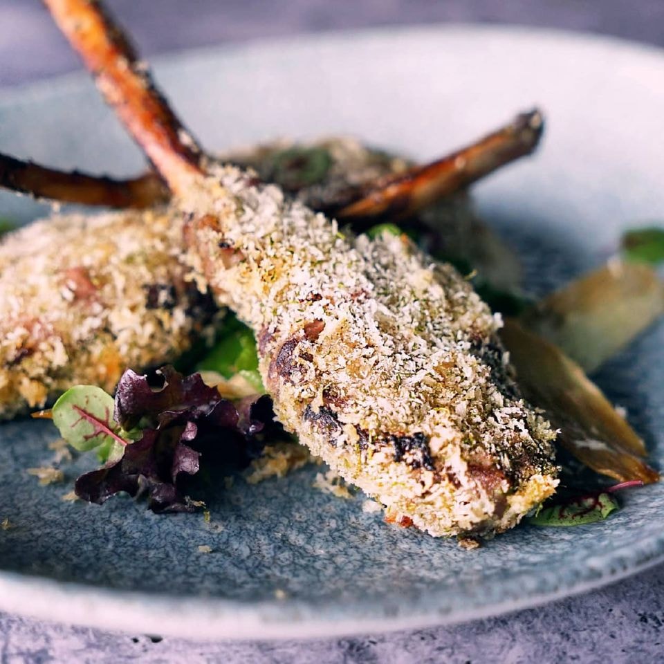 Baked Koji-aged lamb rack coated with panko and mentaiko